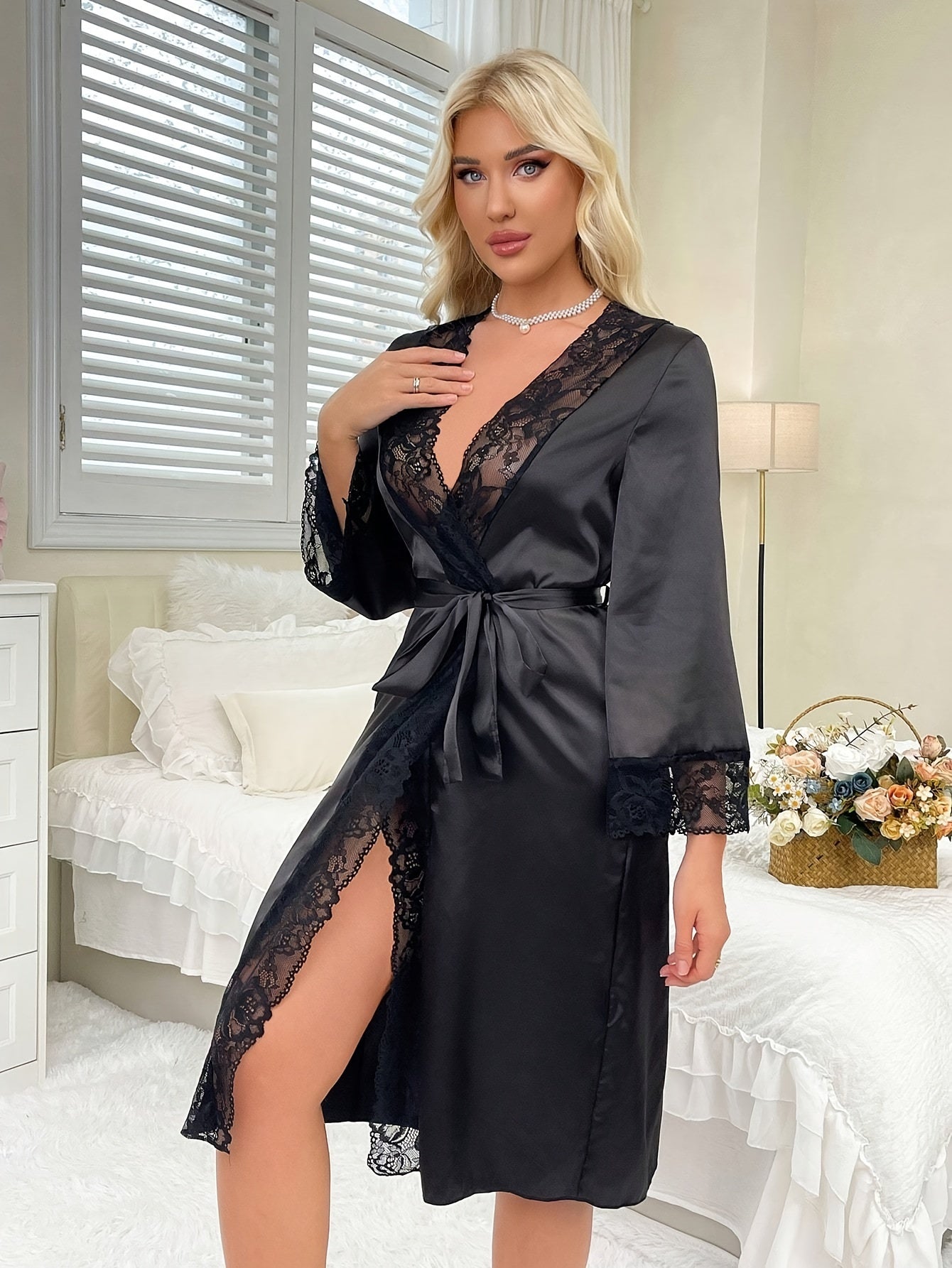 VIENNE SATIN LACE TRIM ROBE