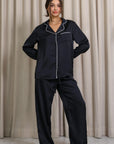 Nyla Satin Long Pajama Set - Black