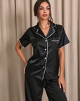 Penelope Short Satin Pajama Set with Pants - Black
